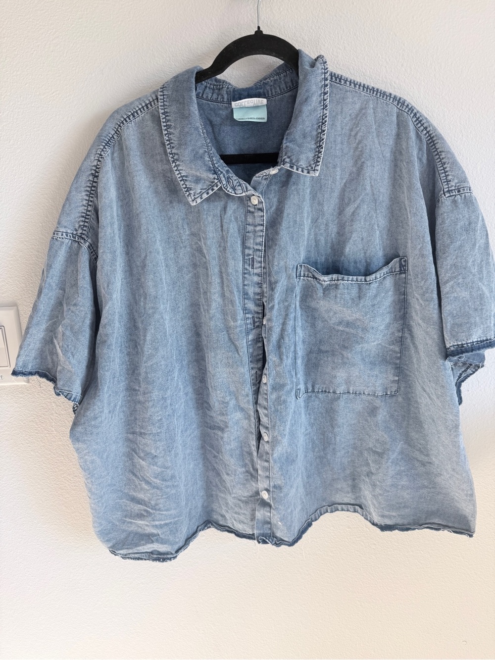 Future Collective  Light Wash Denim Button-Up Shirt slight crop